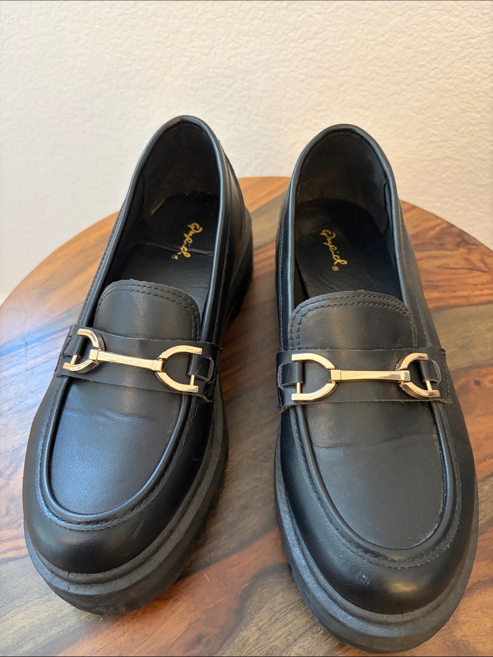 Qupid Black Faux Leather Platform Loafers with Gold Horsebit Detail